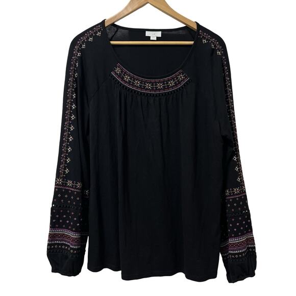 J Jill Embroidered Cotton Blend Peasant Top Size L Black Boho Southwestern - Picture 1 of 8